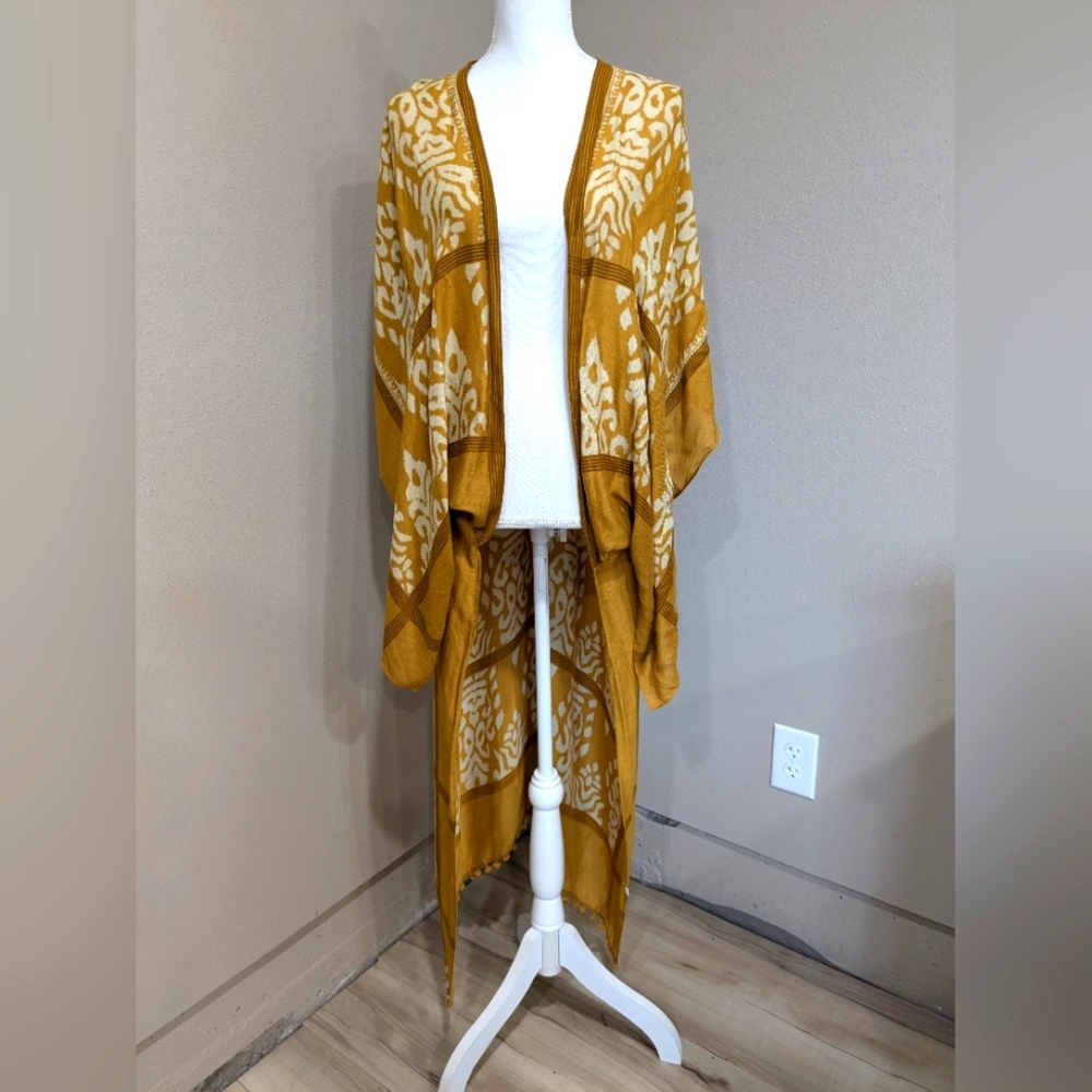 Mustard Boho Damask Pompom Trim Kimono Wrap Open Coverup Top Summer Spring Women